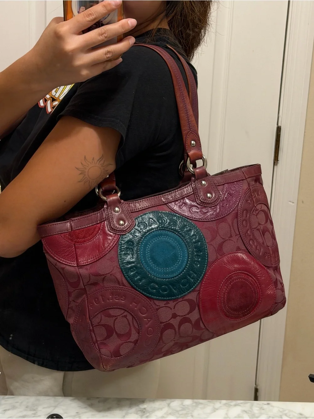 Vintage Coach Circle Patchwork East-West Plum Tote Bag